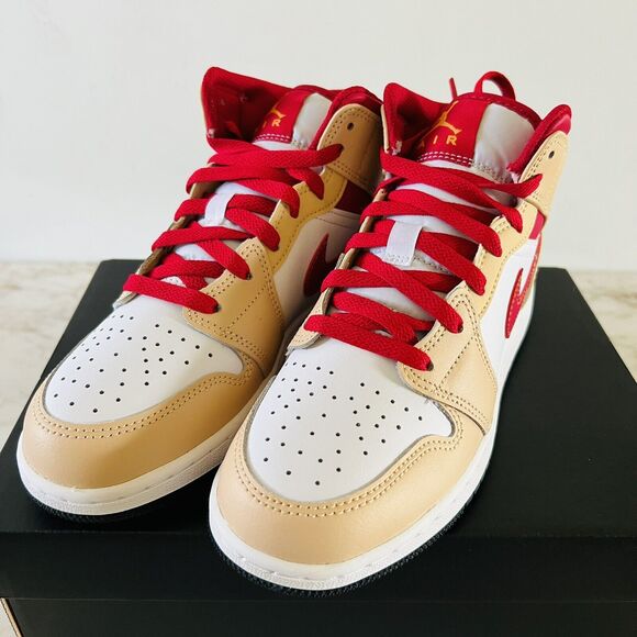 NIKE Air Jordan 1 Mid White Onyx/White/Cardinal Red/Light Curry - US 7 - Picture 2 of 7